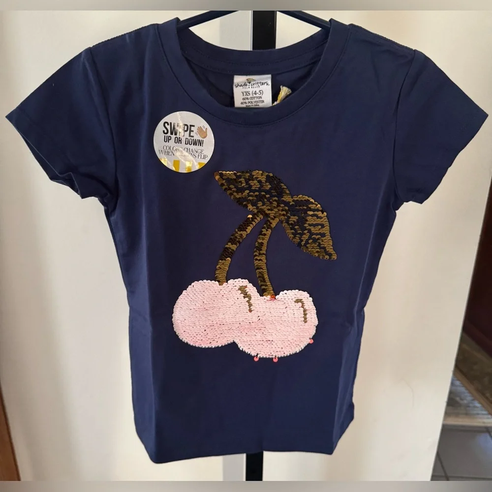 NWT Shade Critters Girls' Cherry Sequin T-Shirt in Navy Sz. YXS (4-5)